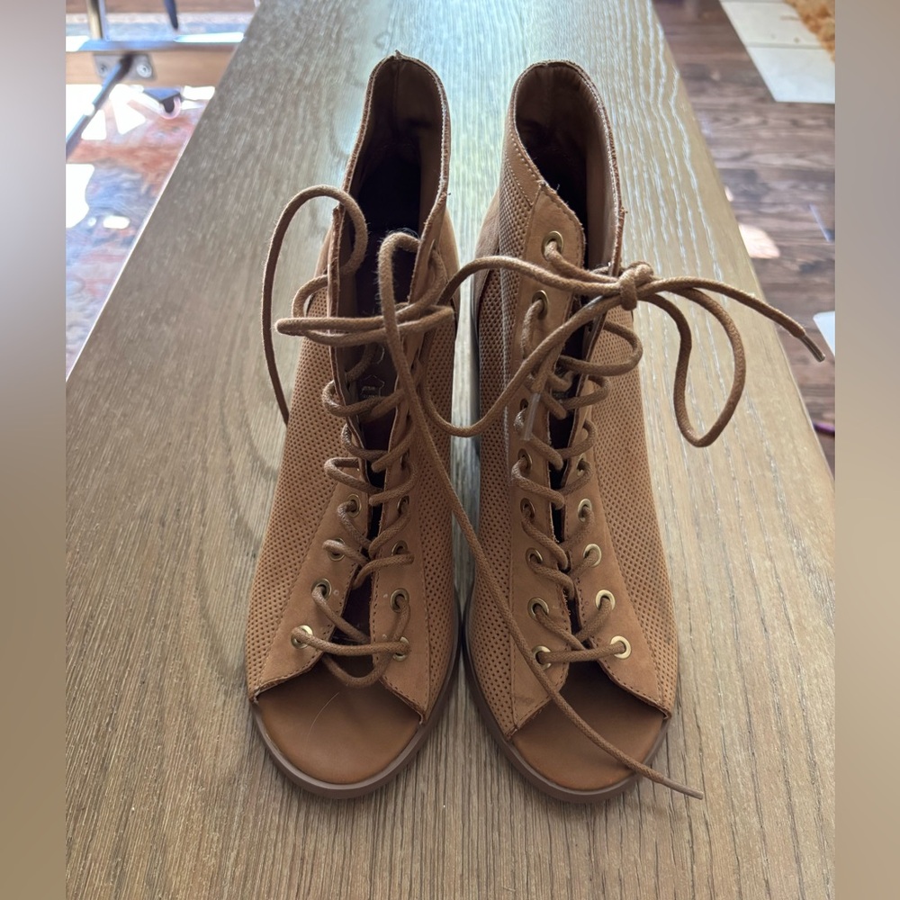 ALDO tan leather Lace-Up Peep Toe Ankle Boots